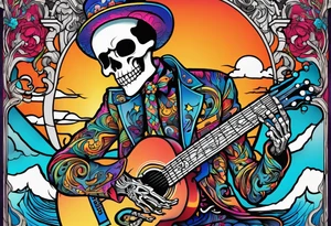 Skeleton playing guitar tattoo idea