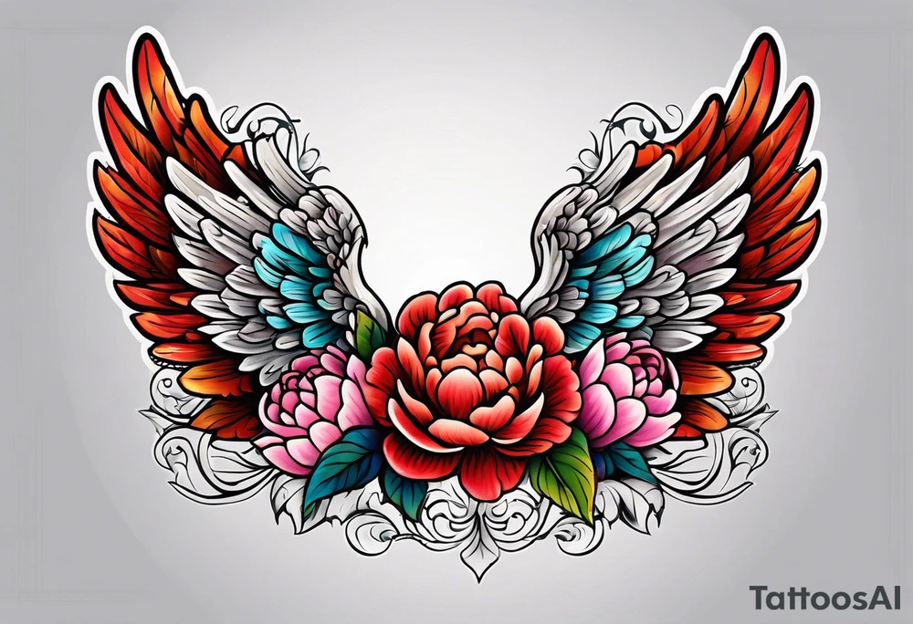 beautiful angel wings with colorful, peonies. beautiful flilligree in the background , full color, traditional old school tattoo idea