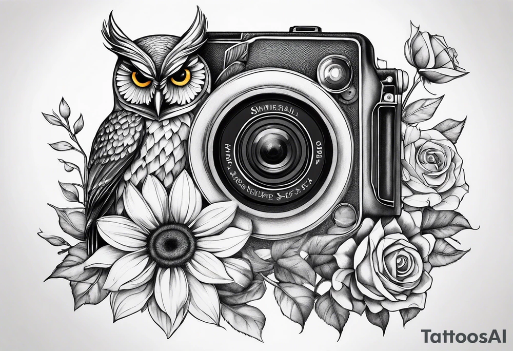 Sunflower, camera, book, owl, flower rose tattoo idea
