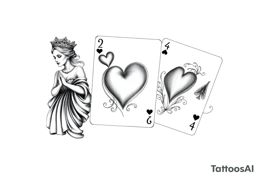 Queen of hearts, 2 of hearts and 4 of hearts playing card tattoo idea