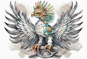 a solitary white  Quetzalcoatl wearing a grey crown tattoo idea