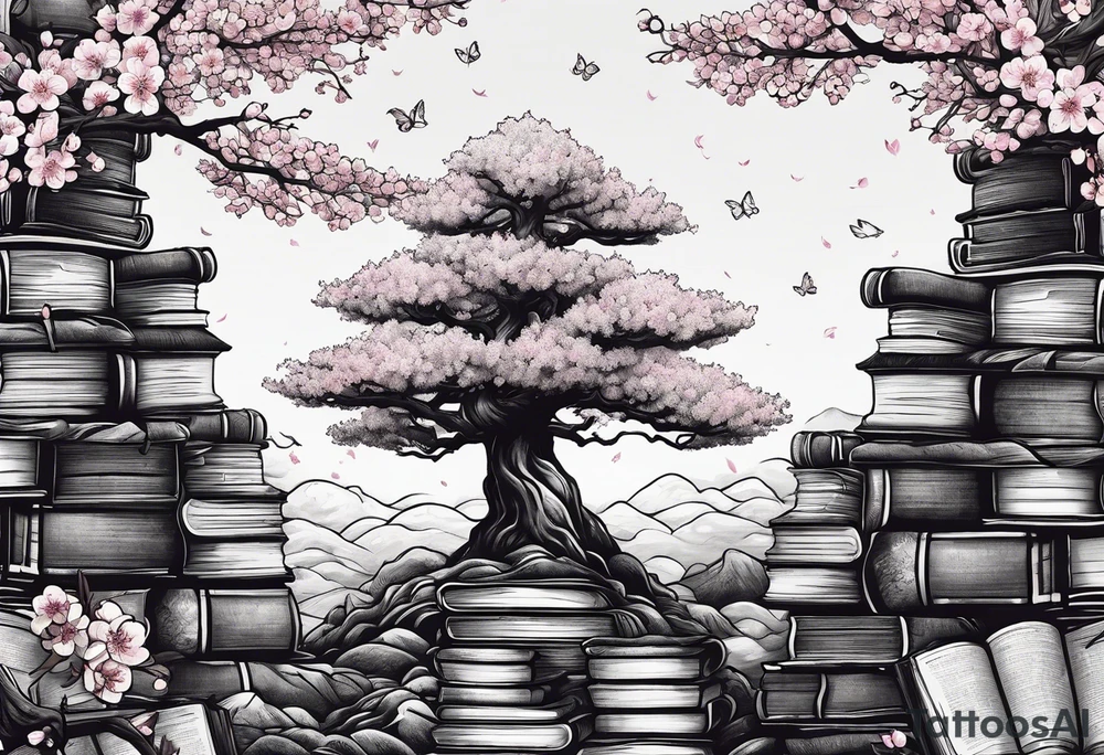 Cherry blossom tree growing out of a stack of books tattoo idea