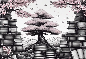 Cherry blossom tree growing out of a stack of books tattoo idea