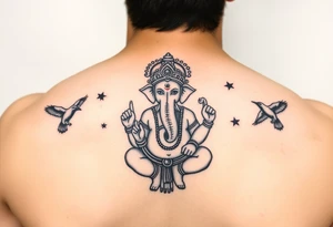Traditional black and white Ganesha tattoo with crows fly towards and away from him tattoo idea