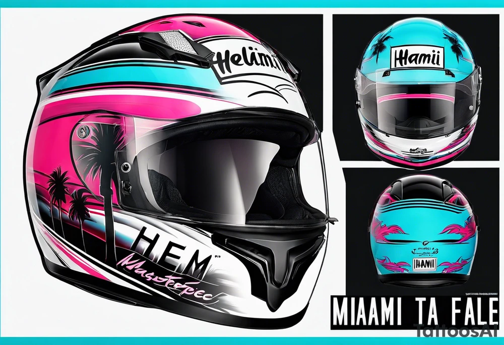 Formula 1 helment with miami name a palm tree and light blue black and pink colors tattoo idea