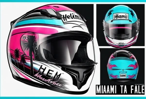 Formula 1 helment with miami name a palm tree and light blue black and pink colors tattoo idea