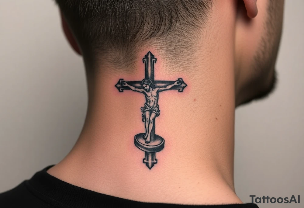 Traditional orthodox ICXC Christian cross with Jesus Christ on the cross also with the foot rest part of the cross tattoo idea