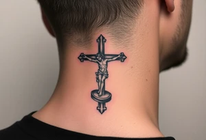 Traditional orthodox ICXC Christian cross with Jesus Christ on the cross also with the foot rest part of the cross tattoo idea