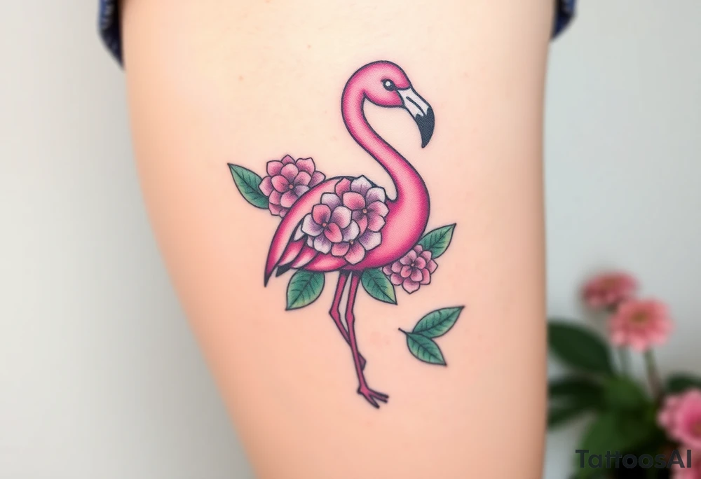 Flamingo made of hydrangea tattoo idea