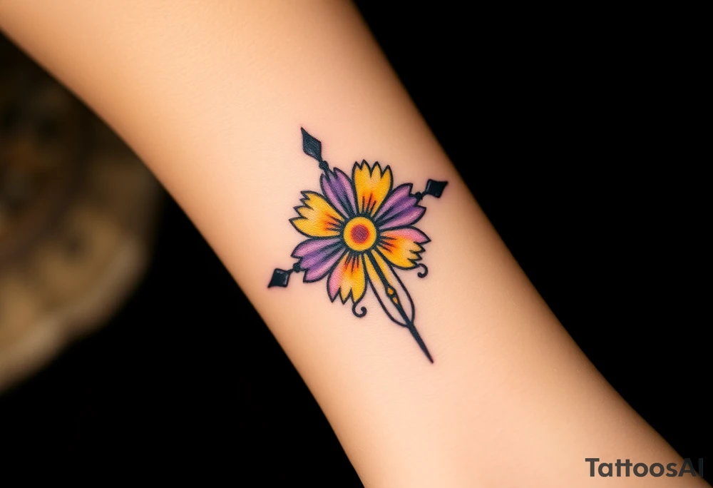Yellow daisy Purple Hearts around a cross tattoo idea