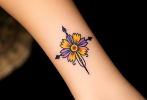 Yellow daisy Purple Hearts around a cross tattoo idea