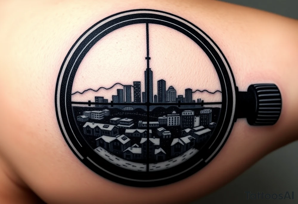 scope crosshairs with eerie Los Angeles city horizon in background tattoo idea