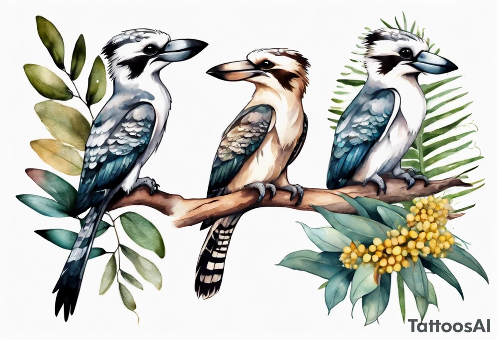 A kookaburra with a koala sitting on wattle and eucalyptus leaves tattoo idea