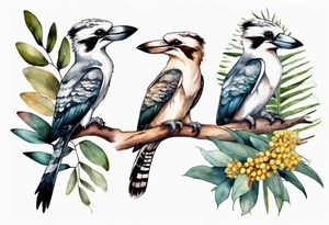 A kookaburra with a koala sitting on wattle and eucalyptus leaves tattoo idea