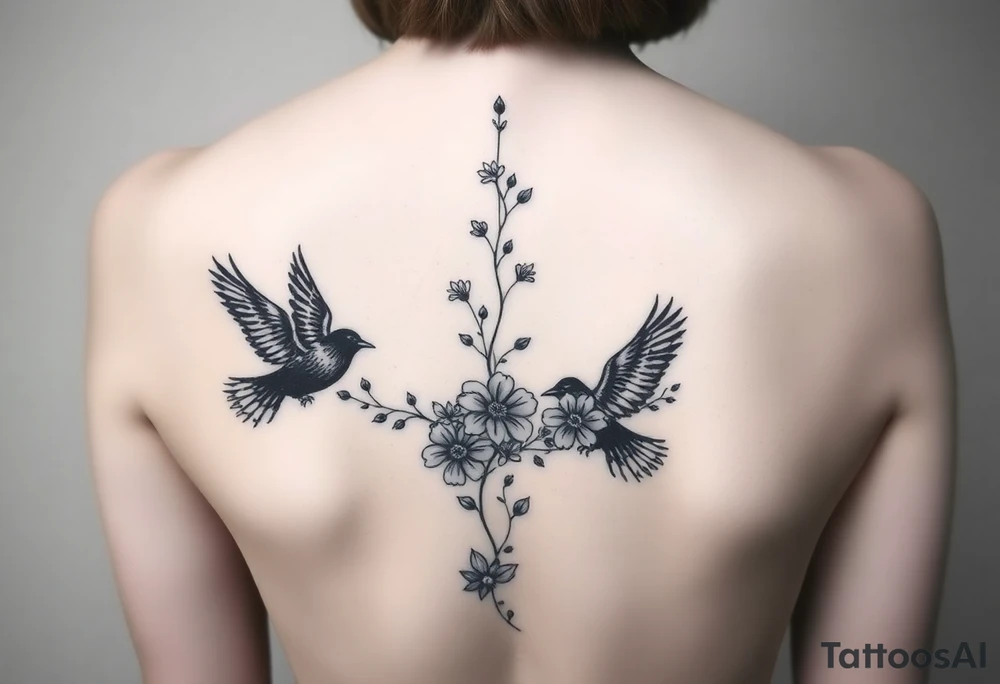 crows with flowers down my spine tattoo idea