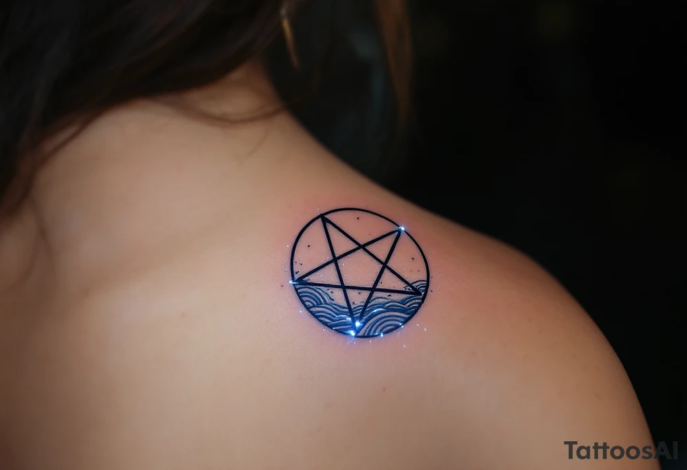 A pentagram submerged in dark water, with tiny waves and glowing bioluminescent blue accents tattoo idea