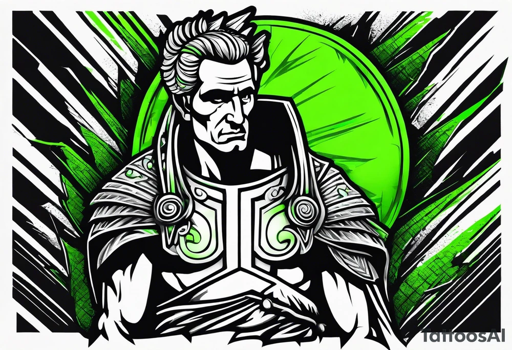 Julius Caesar tattoo with streaks of neon green lightning tattoo idea