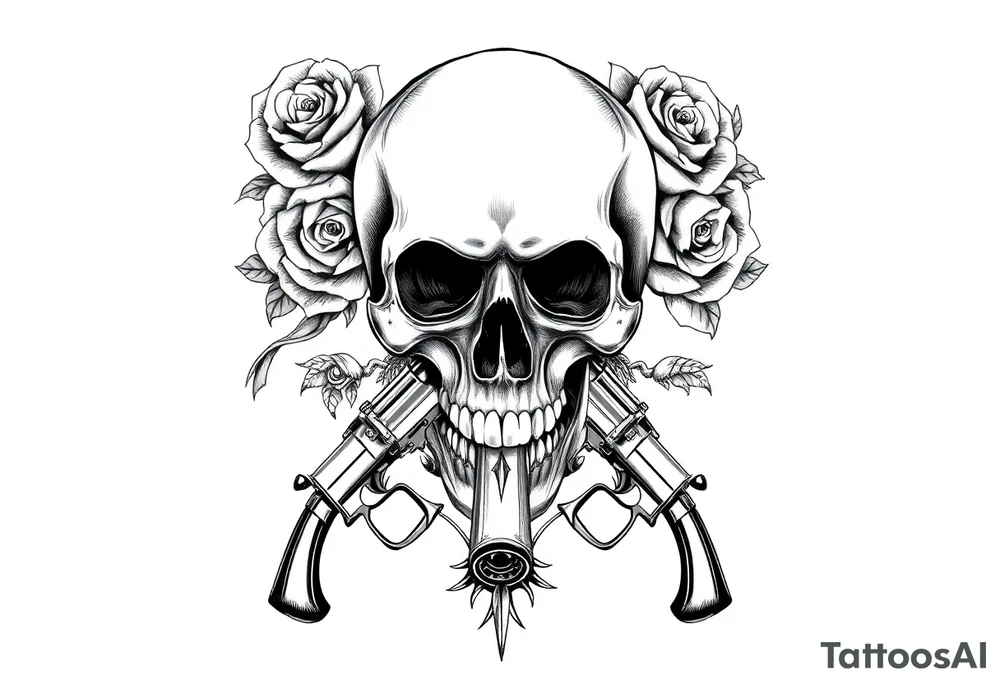 A skull with a cigar, surrounded by thorny roses and crossed pistols. tattoo idea