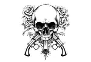 A skull with a cigar, surrounded by thorny roses and crossed pistols. tattoo idea