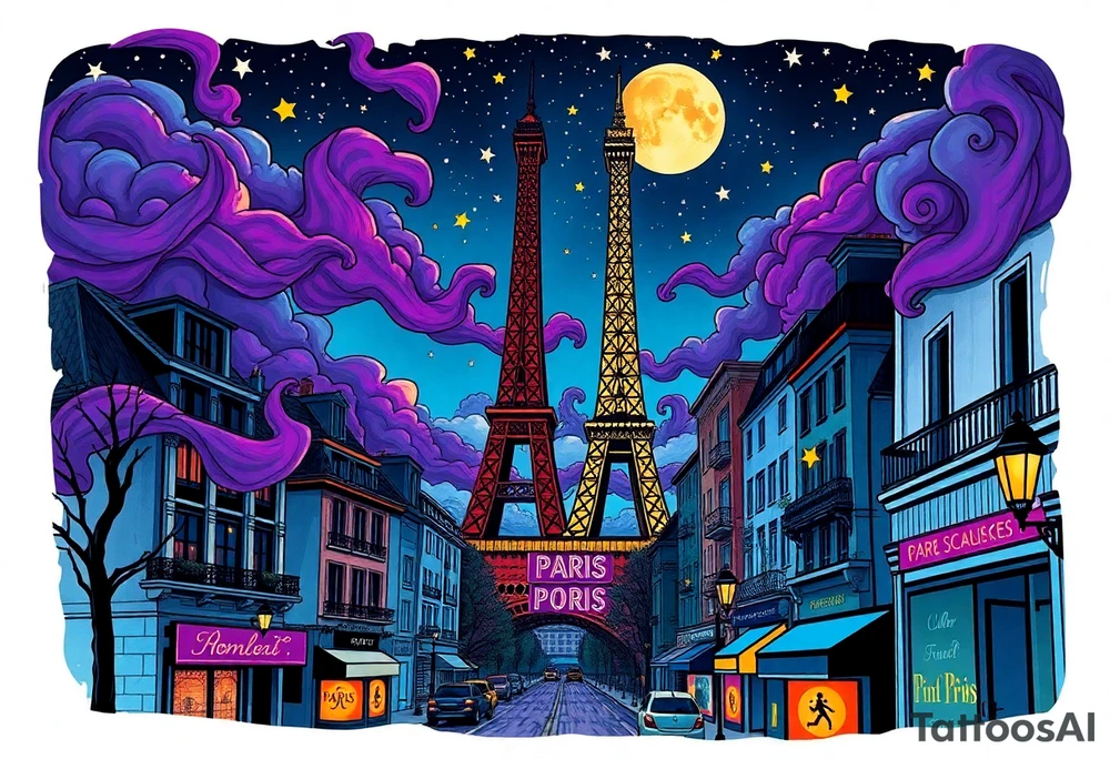 Tim Burton’s paris streets with effel tower from outside view is the street is littered with neon signs purple and cyan smokey clouds swirl and dance in the moonlit night sky filled with twinkling stars  tattoo idea tattoo idea