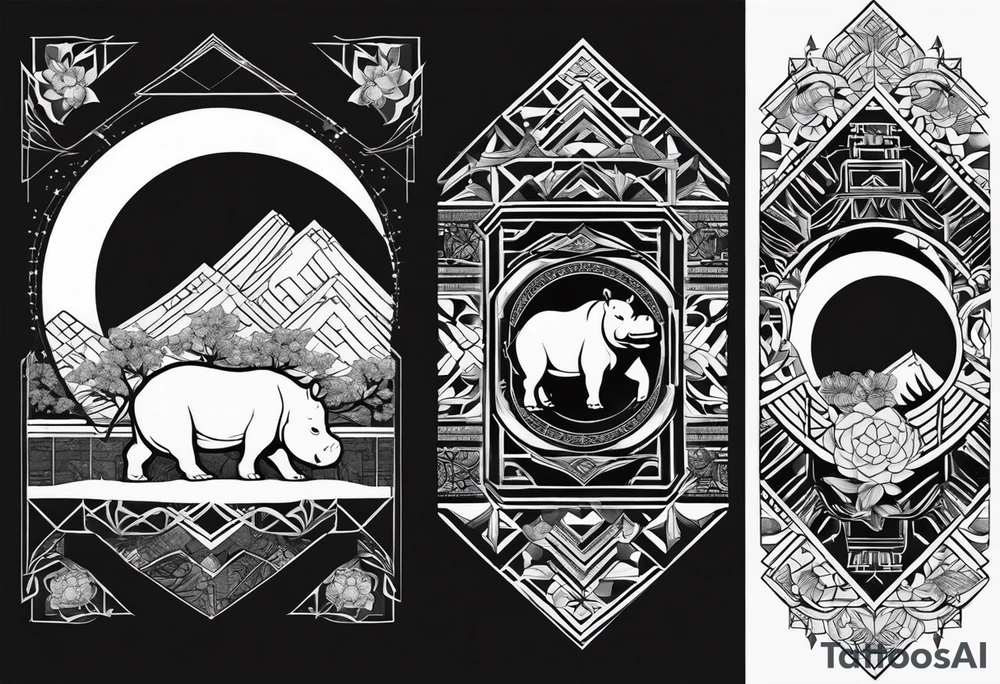 Very asymmetrical, +geometric pattern, with realistic full moon, with seeious looking hippo, +zen feel, + Buddhism touch, +tribal, +geometric
with wintersweet flower bud, +portrait orientation, +inkart touch, tattoo idea