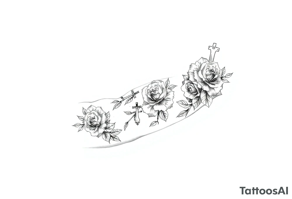 crosses with roses sleeve tattoo idea
