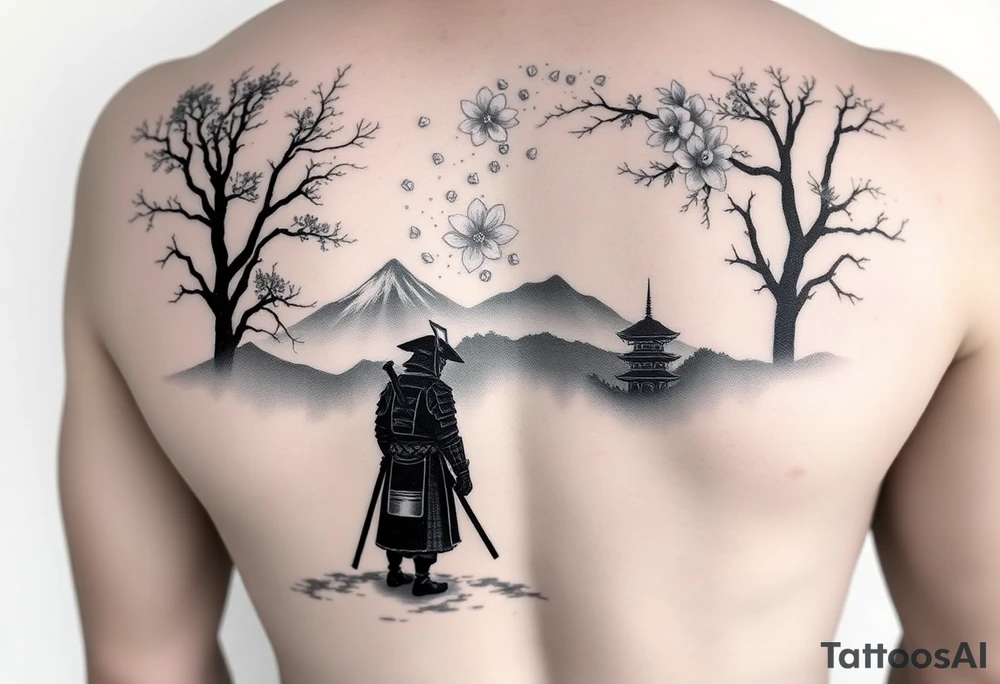 This upper arm continuation begins directly above the jagged treetop skyline, using the existing negative space as low-lying mist. From this fog emerges a grayscale mountain range, with fading silhouettes to maintain the tattoo’s moody depth. A lone samurai in traditional armor stands within the mist, his dark silhouette blending naturally with the scene below. Behind him, subtle outlines of a torii gate and a distant pagoda rise gently into view. Lightly drifting cherry blossoms and peonies, rendered in delicate grayscale linework, float upward through the mist, adding flow without breaking the wintery, monochrome aesthetic. tattoo idea