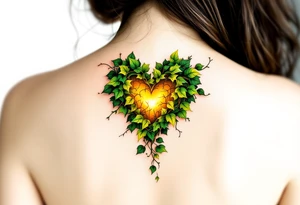 An ivy-covered heart emerging from the skin, shaded in deep emerald and glowing gold, symbolizing everlasting love. tattoo idea