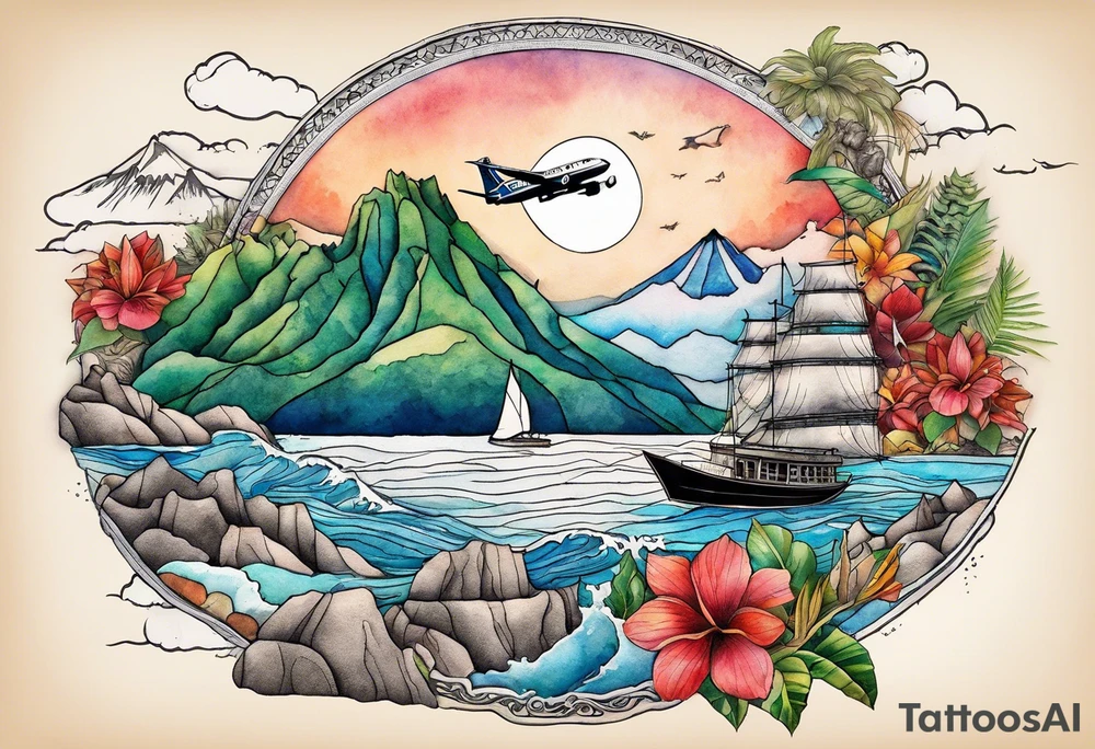 Round Travel collage with Half moon bay cliffs, mountains, Kansas city skyline and 
Arc de Triomphe, Jamaican beach spilled watercolor and tiny jet plane silhouette and a tiny ski boat in the water tattoo idea