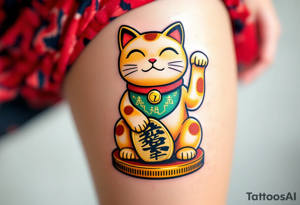 A golden maneki-neko (beckoning cat) with a red collar and green bib, sitting on a coin. tattoo idea
