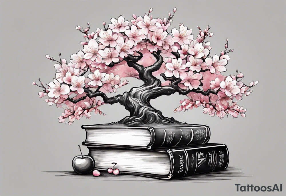 Cherry blossom tree growing out of a stack of books tattoo idea