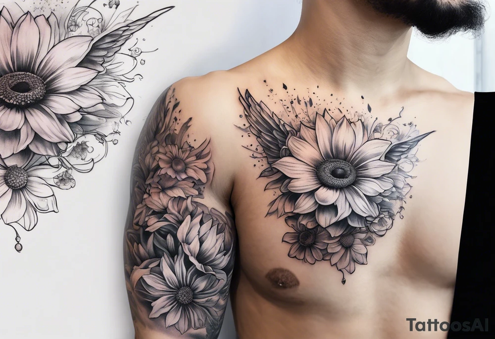 spiritual neck sleeve with a flying sparrow on side of neck with cosmos flower and a daisy flower and an iris flower, with stairs leading up to light and sunrays, ohm symbol about consciousness and transcendence tattoo idea