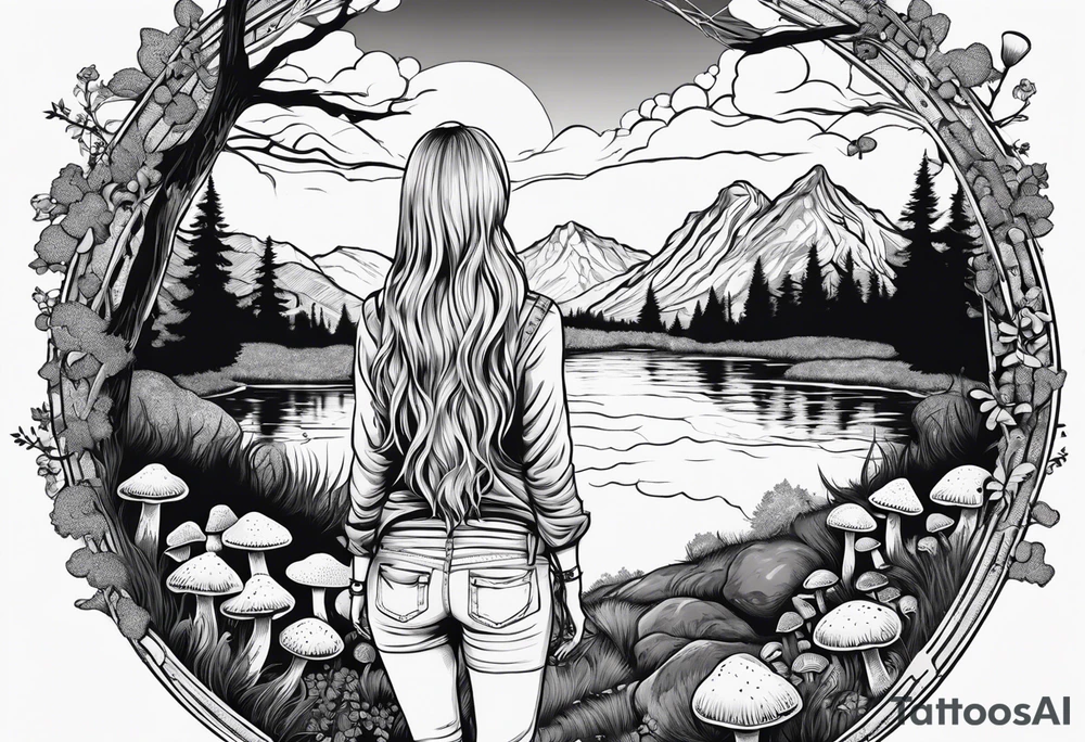 Whole picture encircled fully

Straight long blonde hair hippie girl in distance holding mushrooms in hand facing away toward mountains and creek surrounded by mushrooms long sleeve shirt and hiking pants; whole rendering within a full circle, no cut off circle tattoo idea