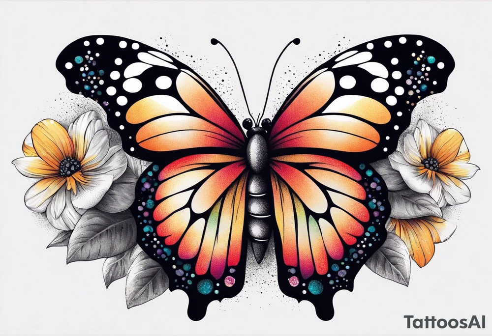 A vibrant butterfly with colorful wings, resting on a flower, showcasing transformation and beauty.” tattoo idea