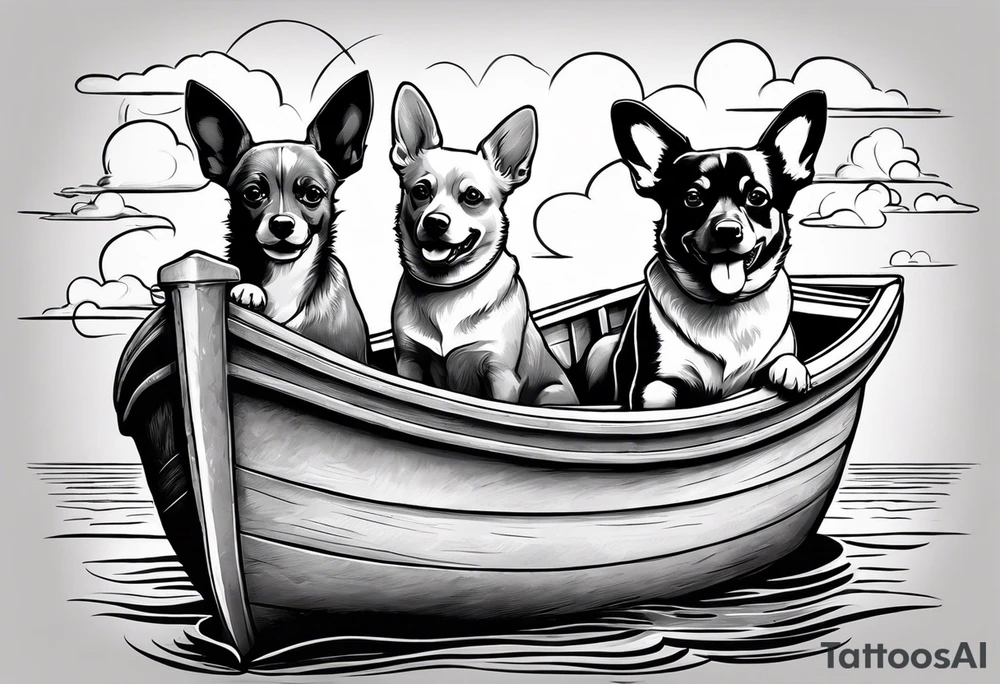 two dogs in a boat. One dog is tan with big ears like a chihuahua. The other dog looks like a corgi but the ears flop down instead of standing up. The name on the boat is McNamara tattoo idea