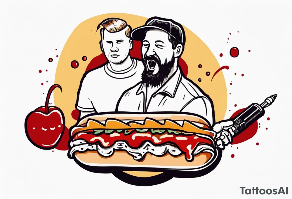 anamorphic hotdog man that is holding a decapitated human head(white guy) in one hand. And in the other hand a microphone that on the bottom end is a crooked dagger dripping blood. tattoo idea