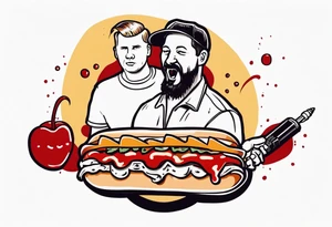 anamorphic hotdog man that is holding a decapitated human head(white guy) in one hand. And in the other hand a microphone that on the bottom end is a crooked dagger dripping blood. tattoo idea