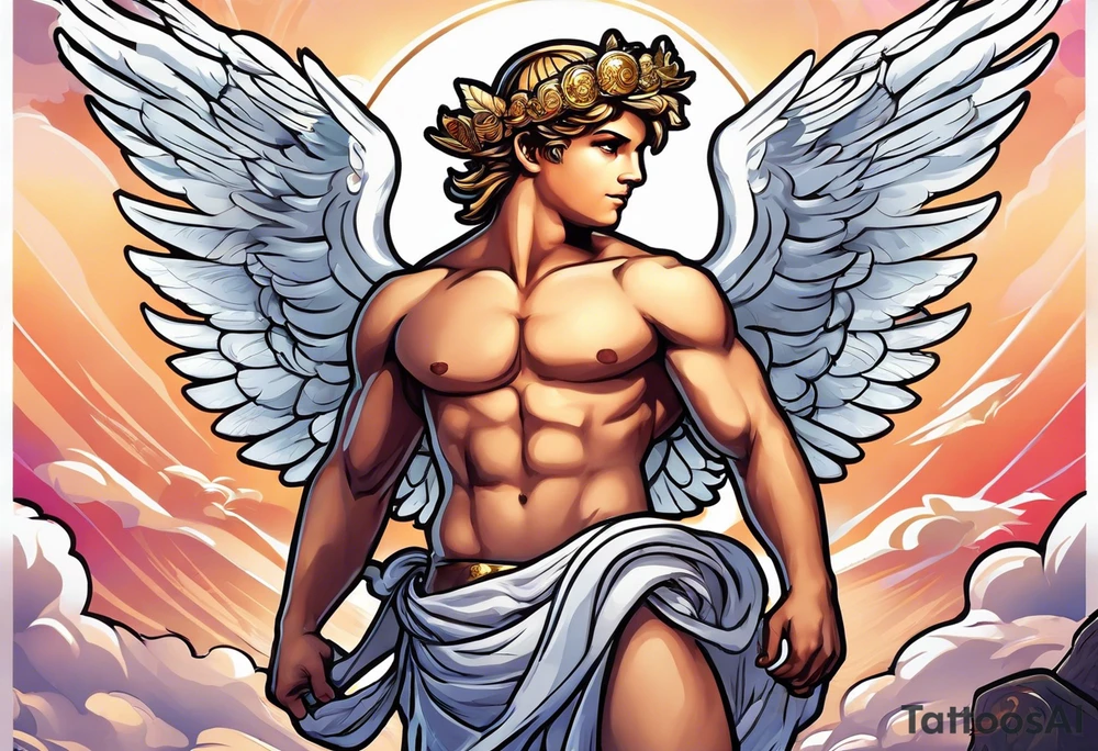 Cupido  fly boy with wings, background sea, ancient rome gods tattoo idea