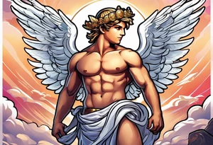 Cupido  fly boy with wings, background sea, ancient rome gods tattoo idea