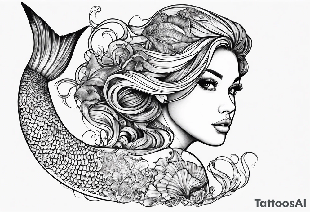 Draw a mermaid body with nice long fish tail with a shell bra tattoo idea