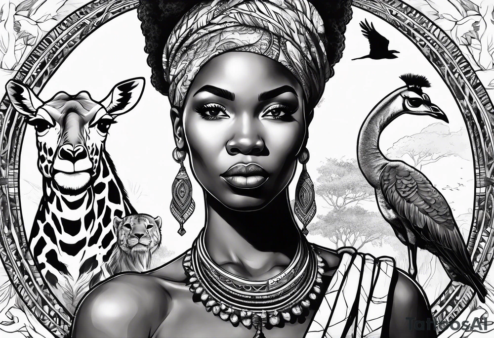 African woman warrior holding a spear with birds and giraffe in the background tattoo idea