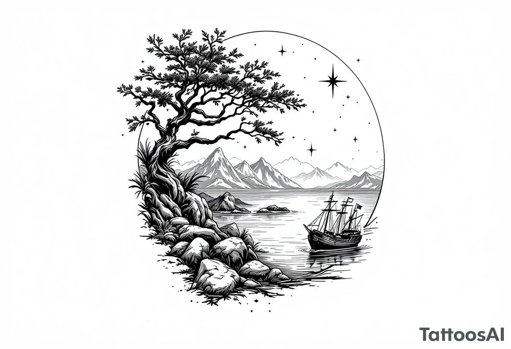 tattoo that has an acacia tree with mountains, ocean with a ship wreck and the northern star tattoo idea
