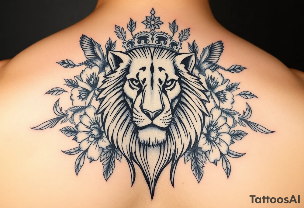 powerful majestic lion with a crown, surrounded by floral ornaments and birds tattoo idea
