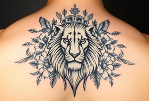 powerful majestic lion with a crown, surrounded by floral ornaments and birds tattoo idea