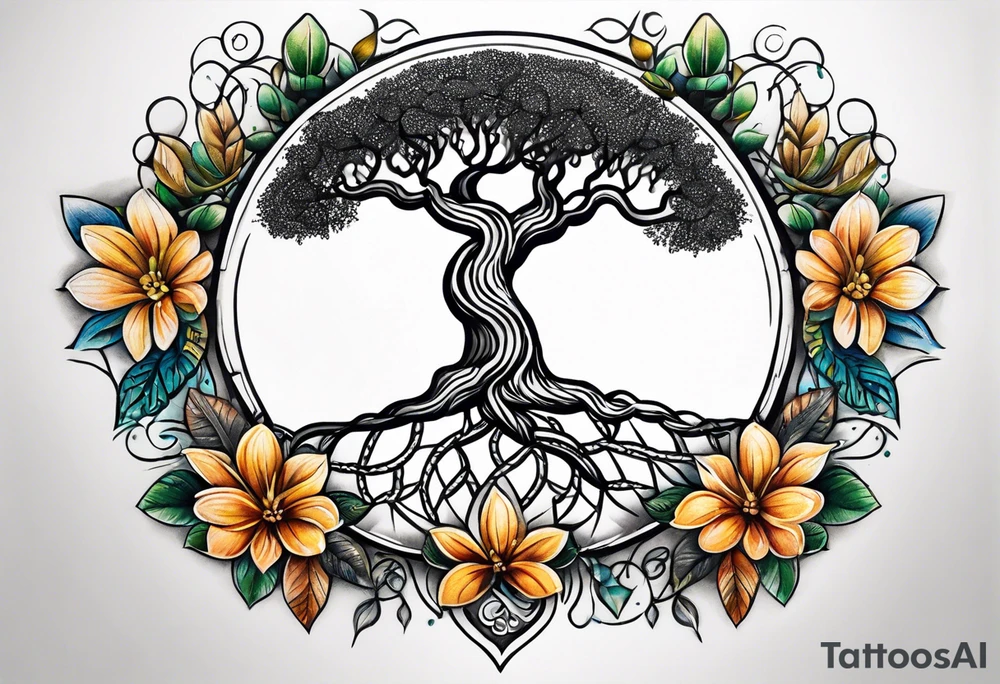 Braided rope wrist tattoo with tree of life in the center with bead work dangling on the hand tattoo idea