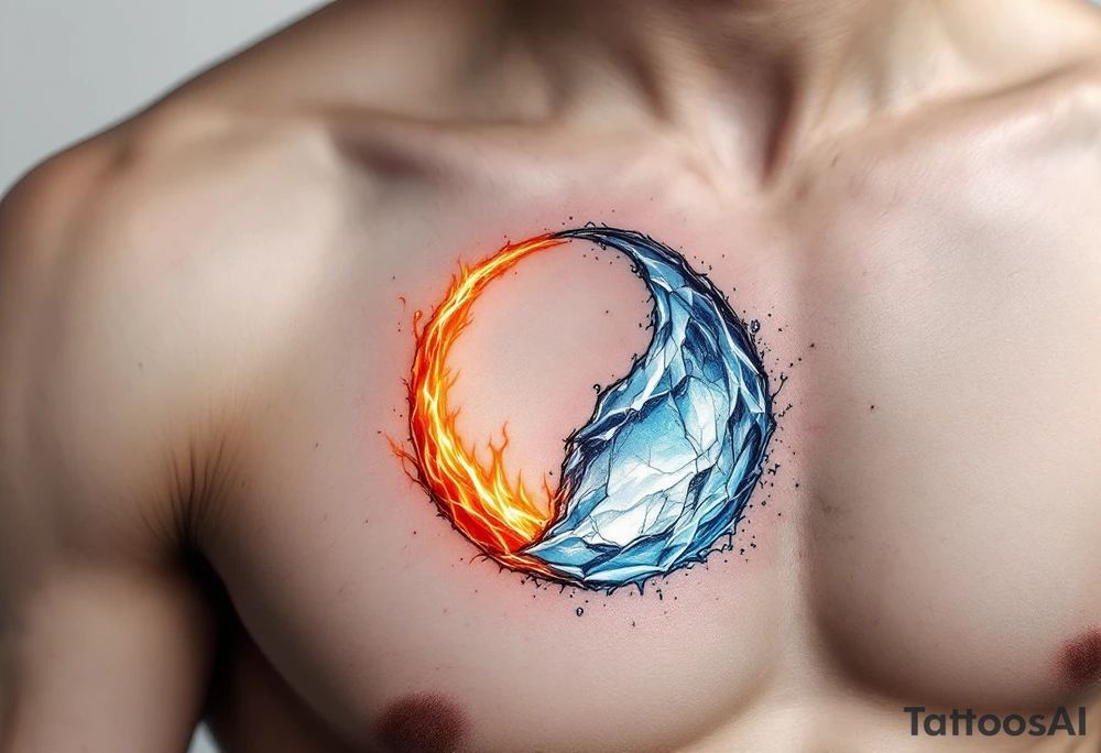 A small circle made of fire and ice: one half glowing orange-red, the other pale blue and white. tattoo idea