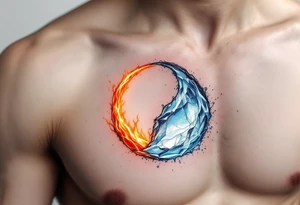 A small circle made of fire and ice: one half glowing orange-red, the other pale blue and white. tattoo idea