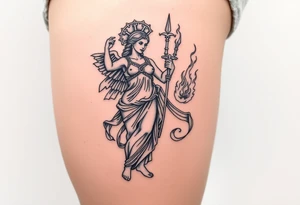 outer thigh tattoo greek sculpture athena and fire
, fine line tattoo idea