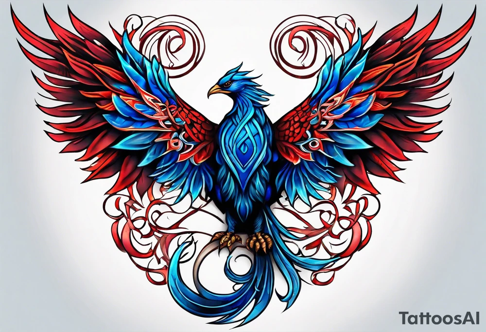 Blue and red Phoenix in a triquetra tattoo idea