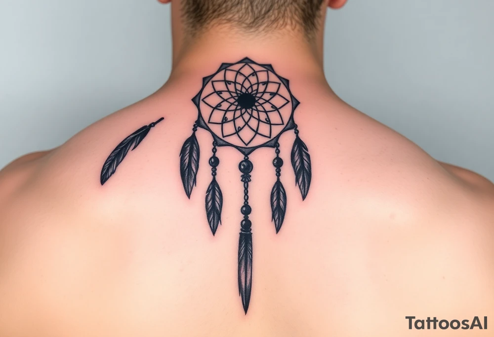 native dreamcatcher with flowing feathers and sacred beads tattoo idea
